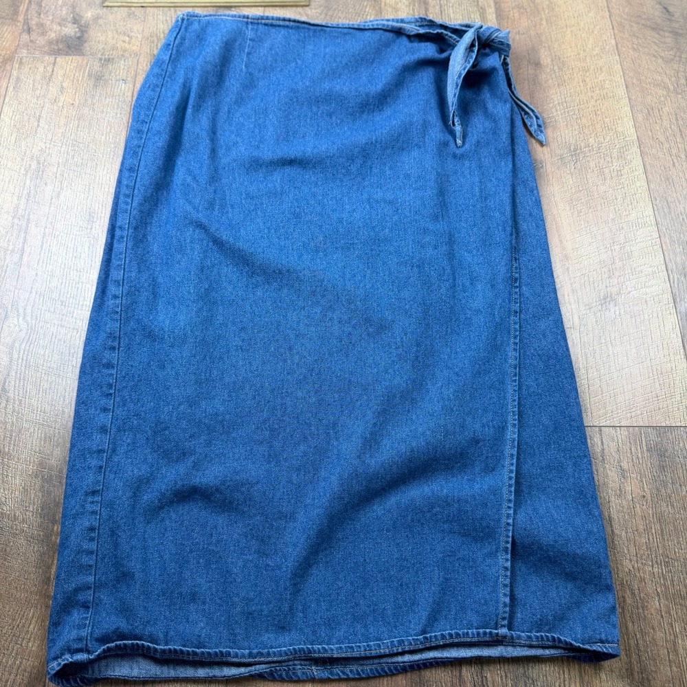 Chaus Sport Vintage Denim Wrap Maxi Skirt Tie Waist Side Slit Size 14